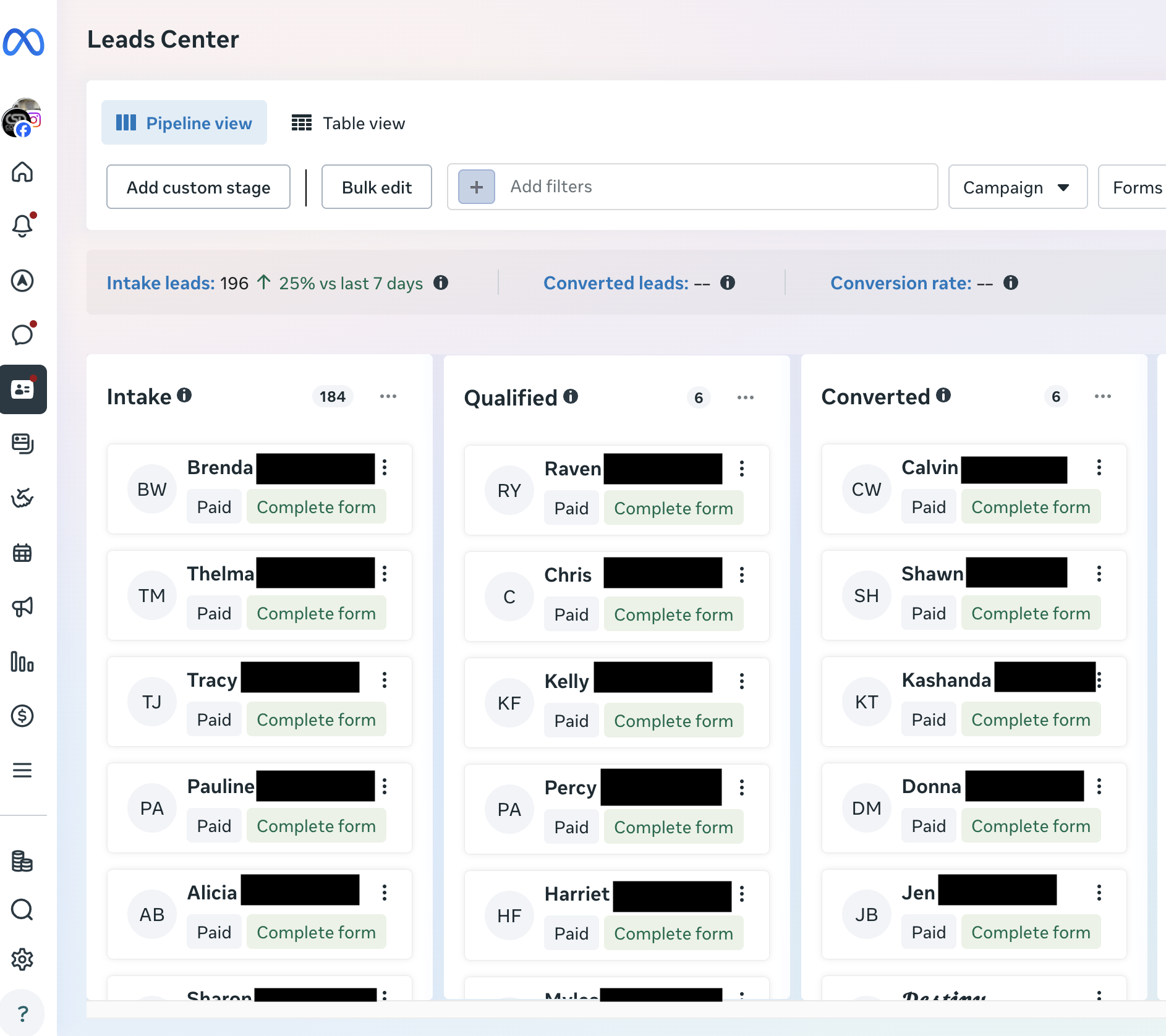 Leads Center pipeline view with intake, qualified, and converted stages