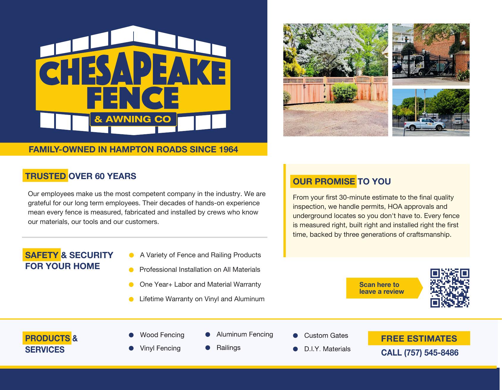Front page of the Chesapeake Fence brochure