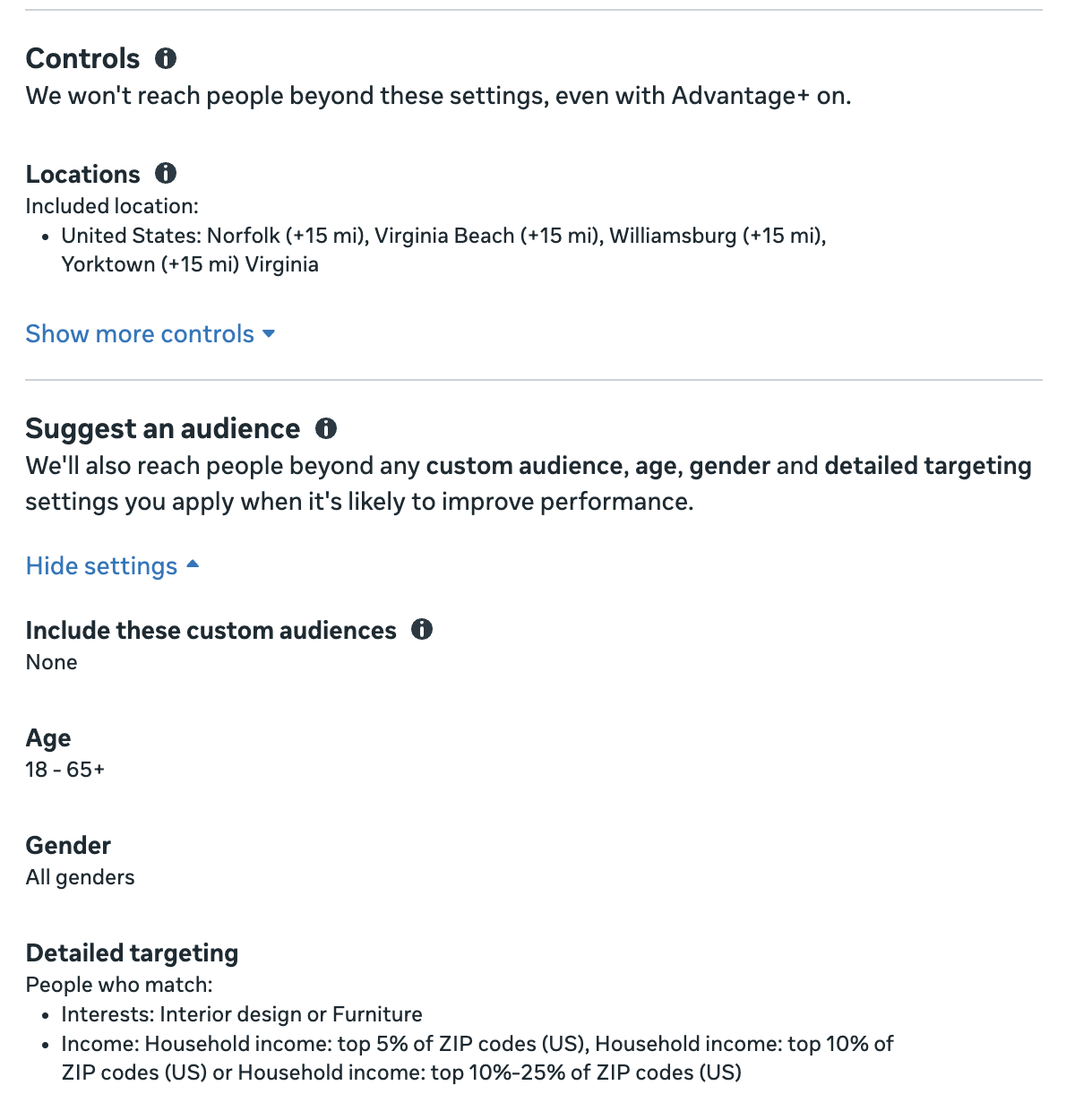 Ad platform audience controls showing mile-radius locations and detailed targeting by interests and household income by ZIP code