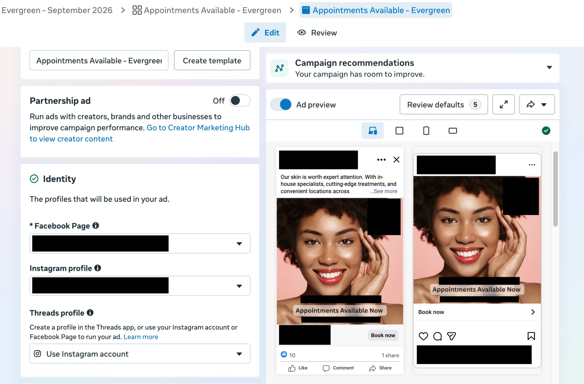 Evergreen appointment ad preview in the ad platform with a Book now call to action
