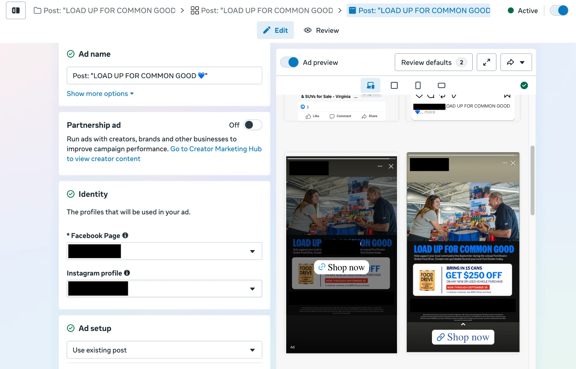 Promotional food drive ad preview in the ad platform with a Shop now call to action