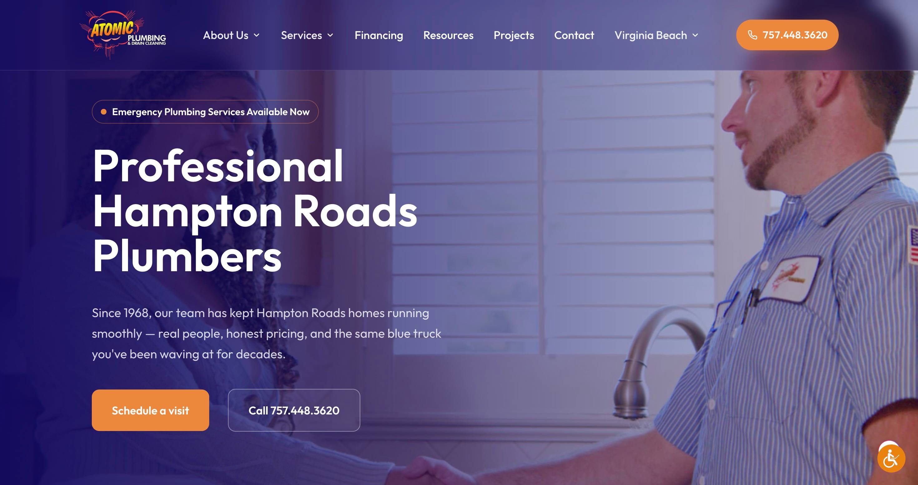 Atomic Plumbing website featuring a Hampton Roads plumber