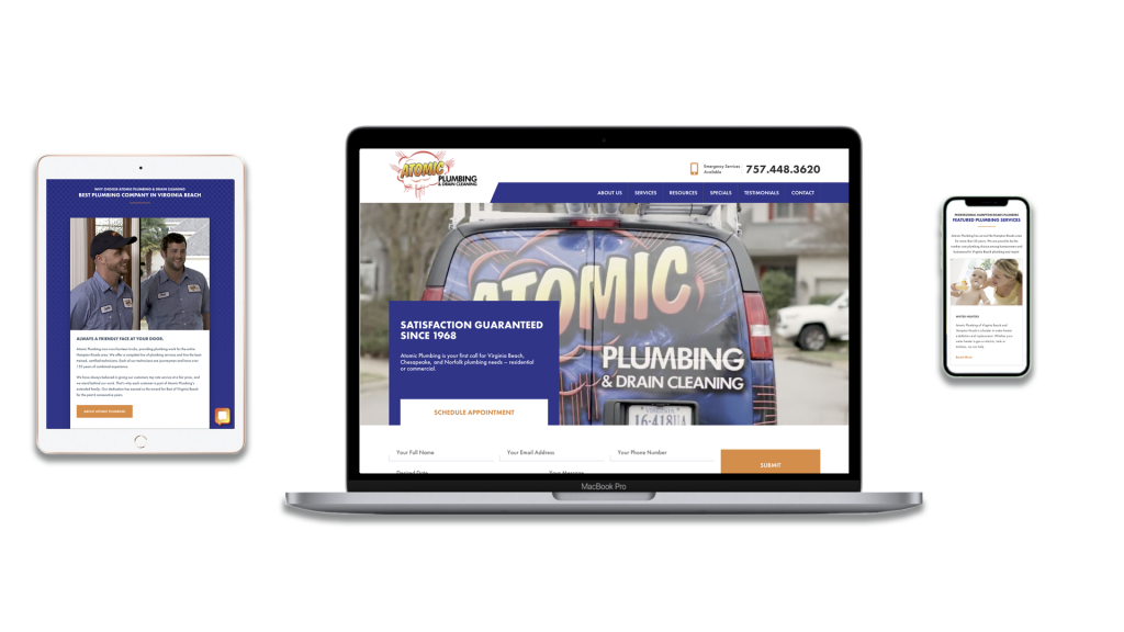 Graphic displaying Atomic Plumbing website on desktop, mobile, and tablet.